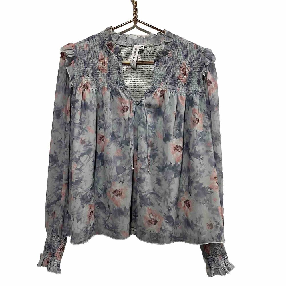 Grace Karma Plus Medium Blue Floral Watercolor Ruffled Smocked Flowy Blouse Top